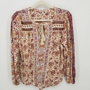 Lucky Brand Paisley Boho Beaded Tassel Top L